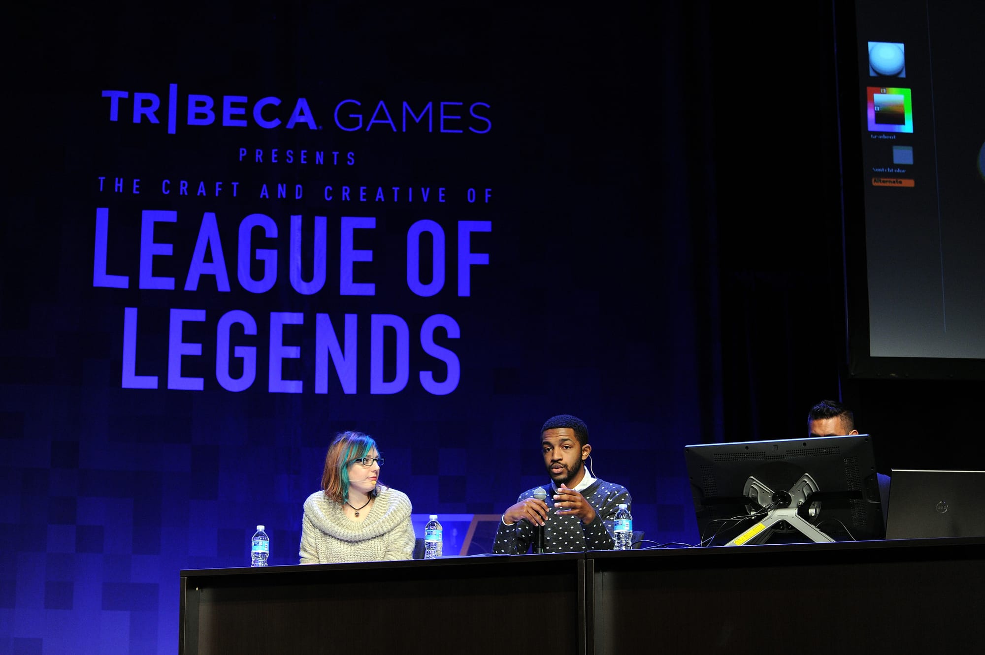 NEW YORK, NY - NOVEMBER 13: Shannon Berke, Evan Monteiro and Josh Singh speak at the Tribeca Games Presents The Craft And Creative Of League Of Legends on November 13, 2015 in New York City. (Photo by Craig Barritt/Getty Images for Tribeca Games)