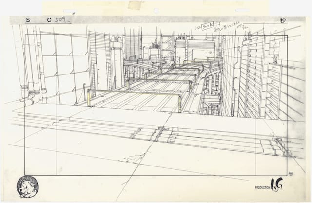 Layout for Ghost in the Shell (1995), cut 509. Pencil and coloured pencil on printed paper, 240 × 370 mm. Illustrator: Takashi Watabe Copyright: © 1995 Shirow Masamune / KODANSHA · BANDAI VISUAL · MANGA ENTERTAINMENT Ltd.