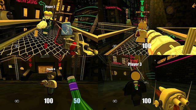 an image of Jazzpunk death match which shows an image splitscreen four ways and features the wedding cake Gatling gun and cork bottle weapons. 