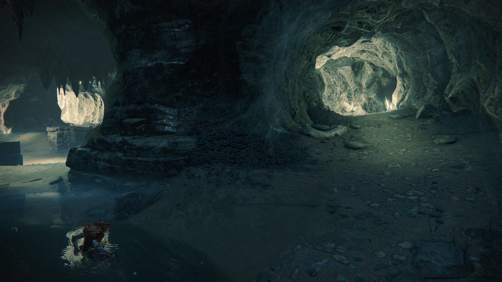 a hive soldier squats in an underground pool