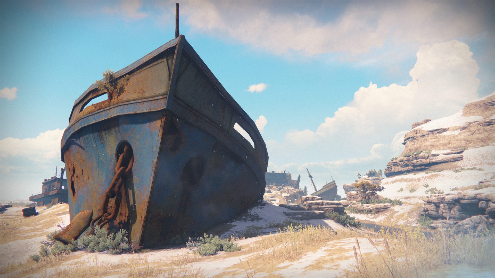 a boat lies rusted and grounded on snowy wastes