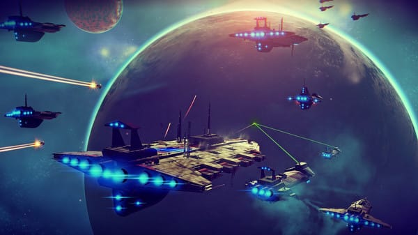 screenshot from No Man's Sky depicting a space battle, one of the disputed images from the NMS steam